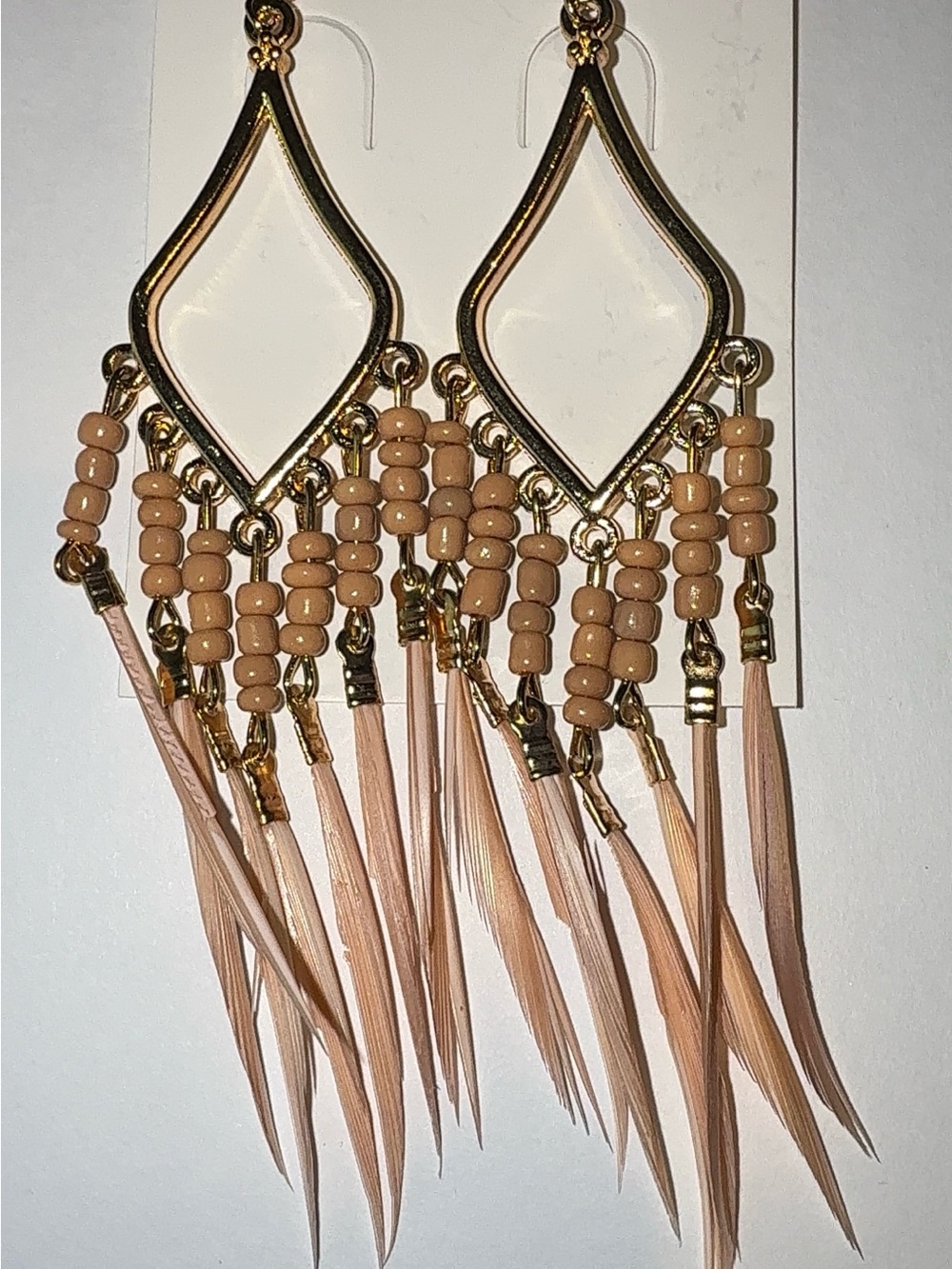 Boho Gold Diamond Feather Dangle Earrings Light Pink